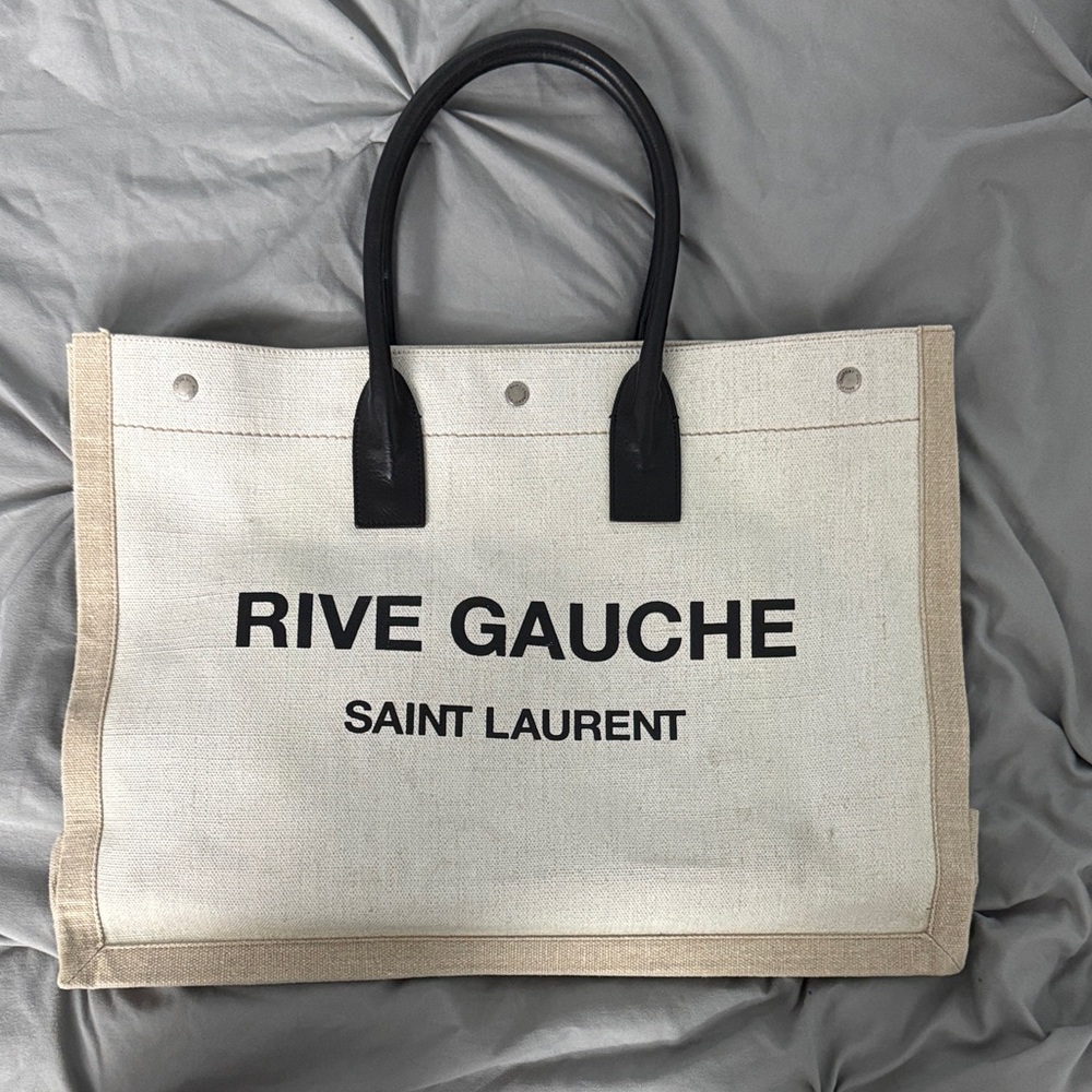 Saint Laurent Rive Gauche Canvas Tote in Beige and Black